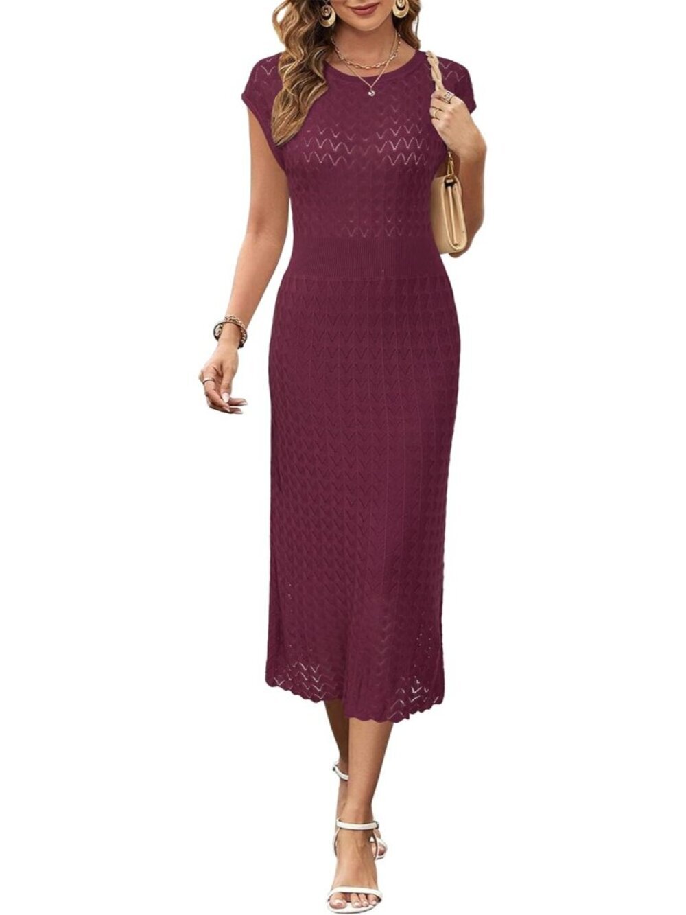 Women's Wine Red Summer Casual Outfits Work Midi Boat Neck Cap Sleeve Dress
